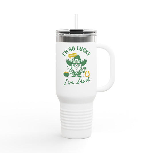 "Funny St. Patrick's Day 40oz Insulated Tumbler – 'I'm So Lucky I'm Irish' with Cowboy, Pot of Gold & Horseshoe Design"