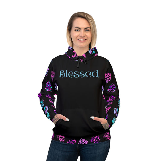 "Blessed Women’s Hoodie – Pink & Black Leopard Print Sweatshirt | Faith-Inspired Fashion"