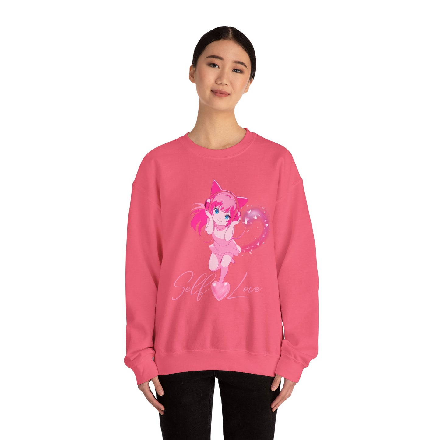 Obsidian Black Self-Love Sweatshirt – Adorable Pink Anime Character Crewneck