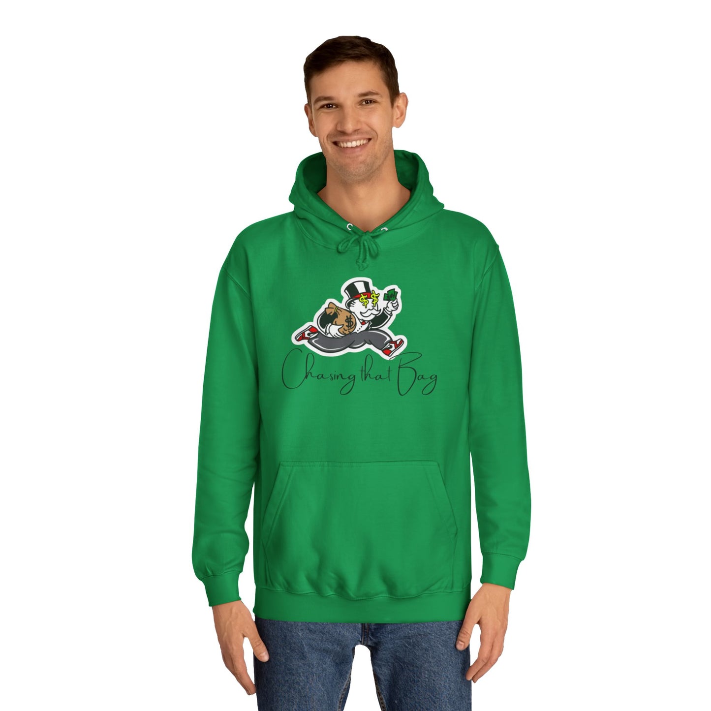 Money Green Men’s Hoodie – "Chasing the Bag" Hustle-Inspired Pullover with Drawstrings & Kangaroo Pocket