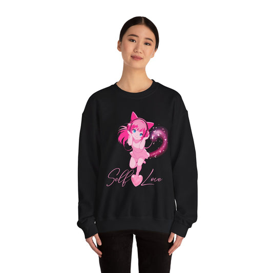 Obsidian Black Self-Love Sweatshirt – Adorable Pink Anime Character Crewneck