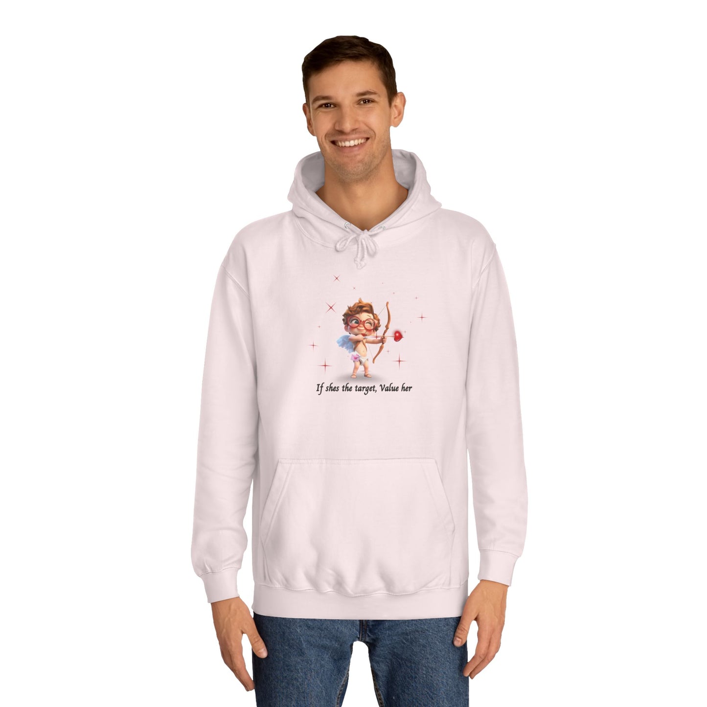Ivory Cloud White Hoodie for Women – Value Her Cupid-Inspired Love Graphic Sweater
