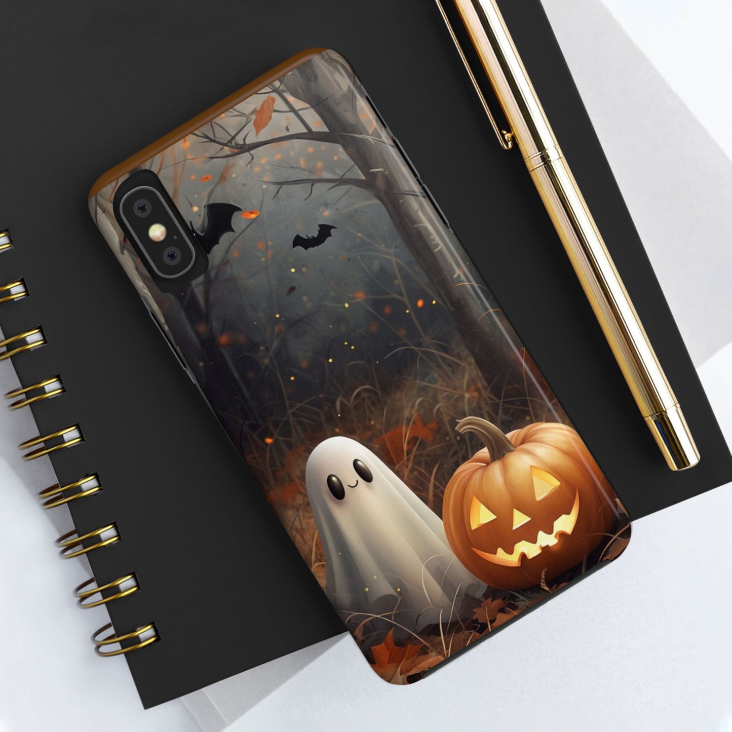 Spooky Halloween Phone Case - Tough Protective Cover with Ghost and Pumpkin Design