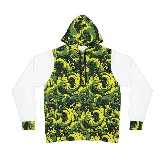 🔥 Men’s White Hoodie with Green & Yellow Pattern – Bold & Stylish Streetwear