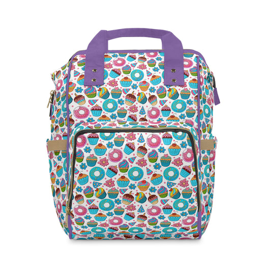 Pastel Pink Multifunctional Diaper Backpack – Cute Donuts & Cupcakes Baby Bag for Moms