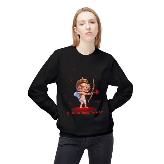 Crimson Rose Cupid Sweatshirt for Men & Women – "If She's the Target, Value Her" Romantic Graphic Fleece