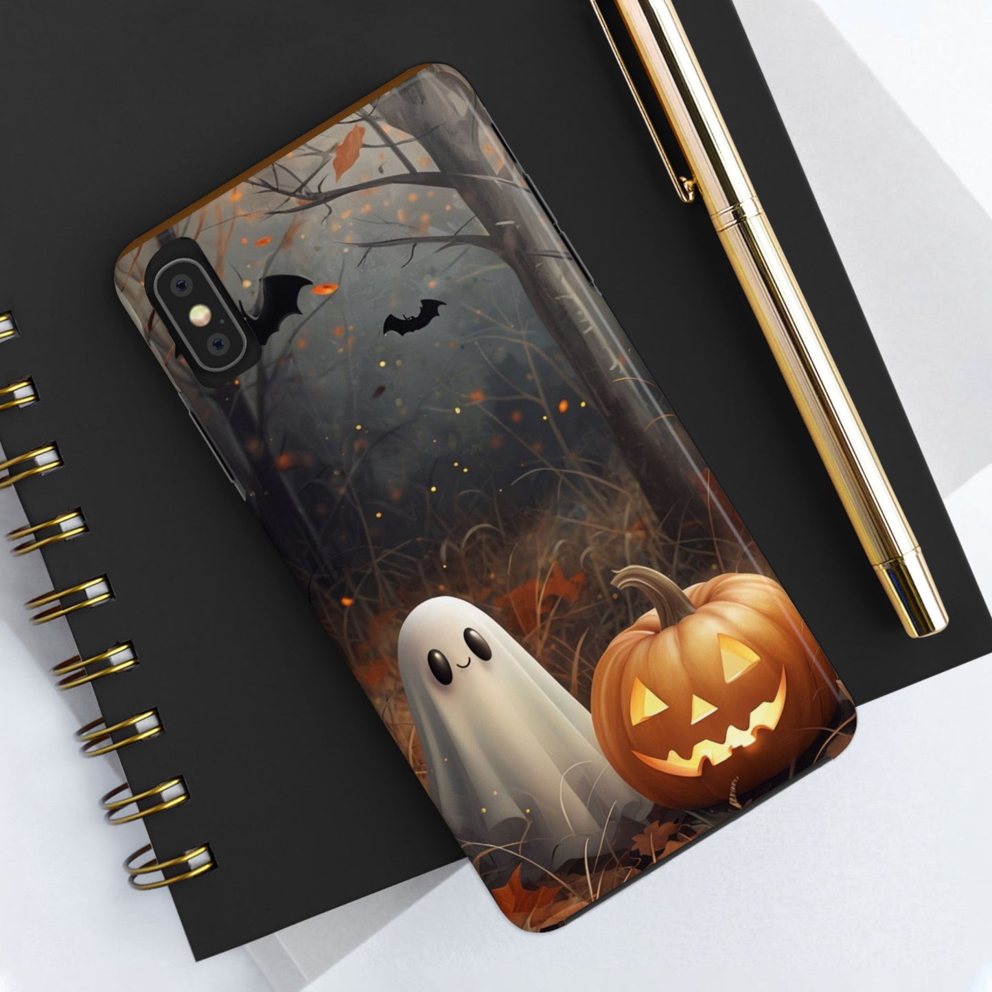 Spooky Halloween Phone Case - Tough Protective Cover with Ghost and Pumpkin Design