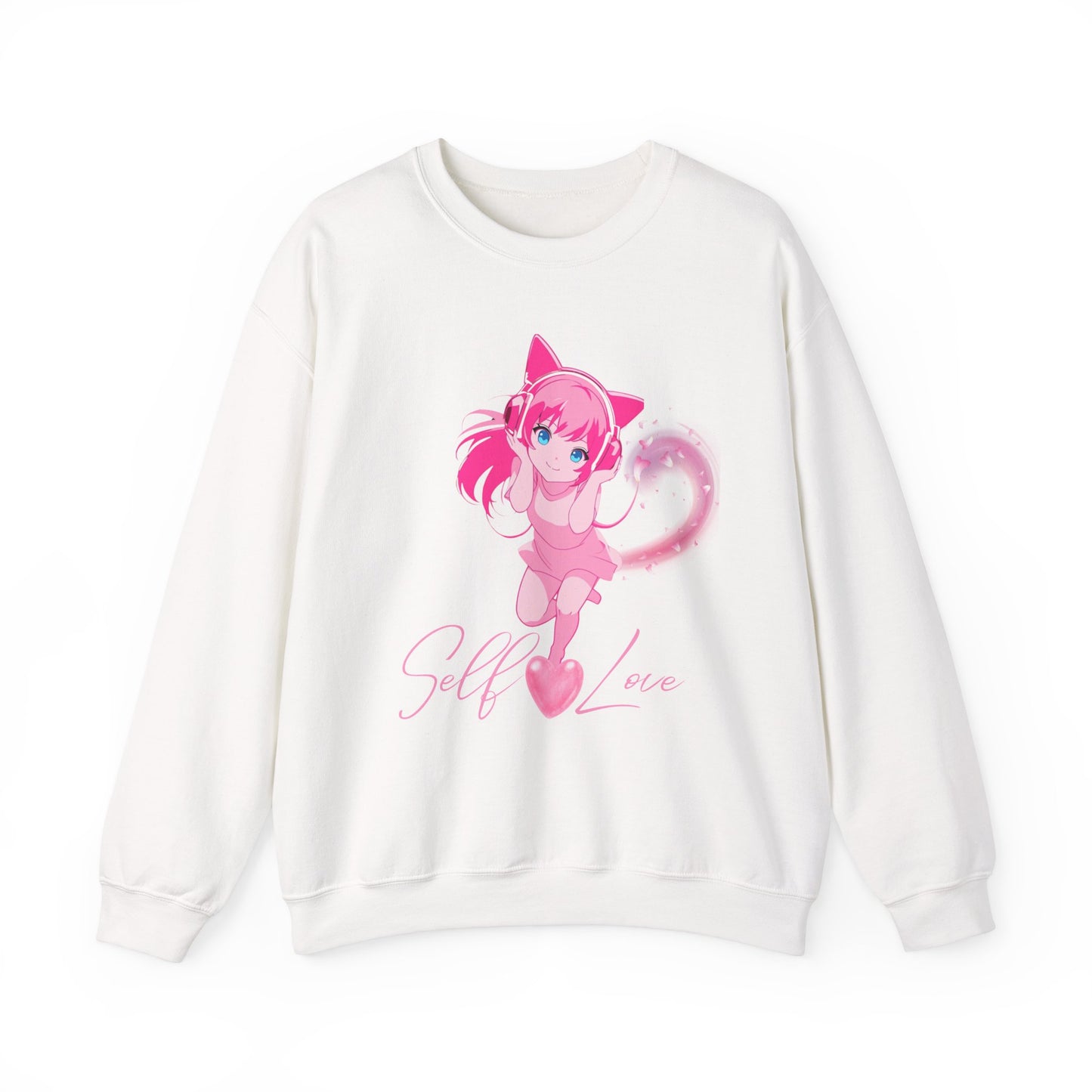 Obsidian Black Self-Love Sweatshirt – Adorable Pink Anime Character Crewneck