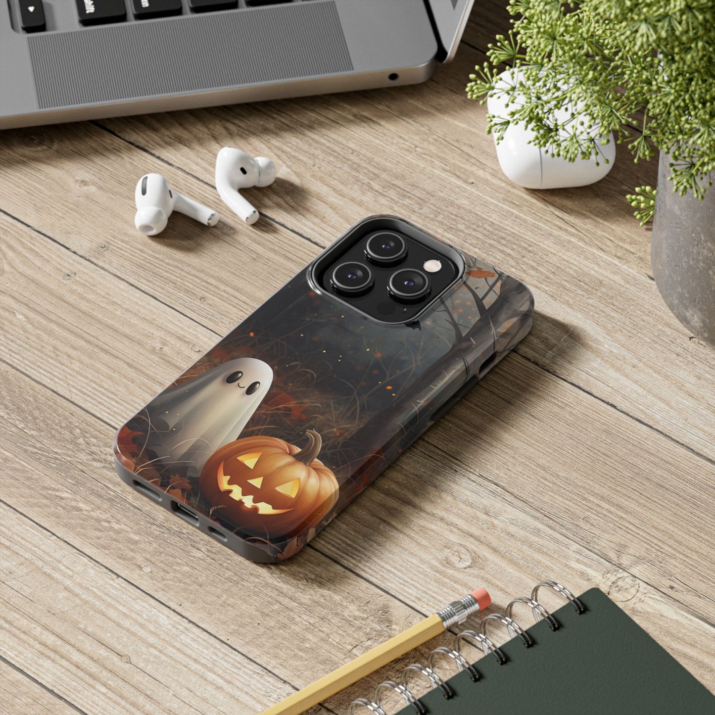 Spooky Halloween Phone Case - Tough Protective Cover with Ghost and Pumpkin Design