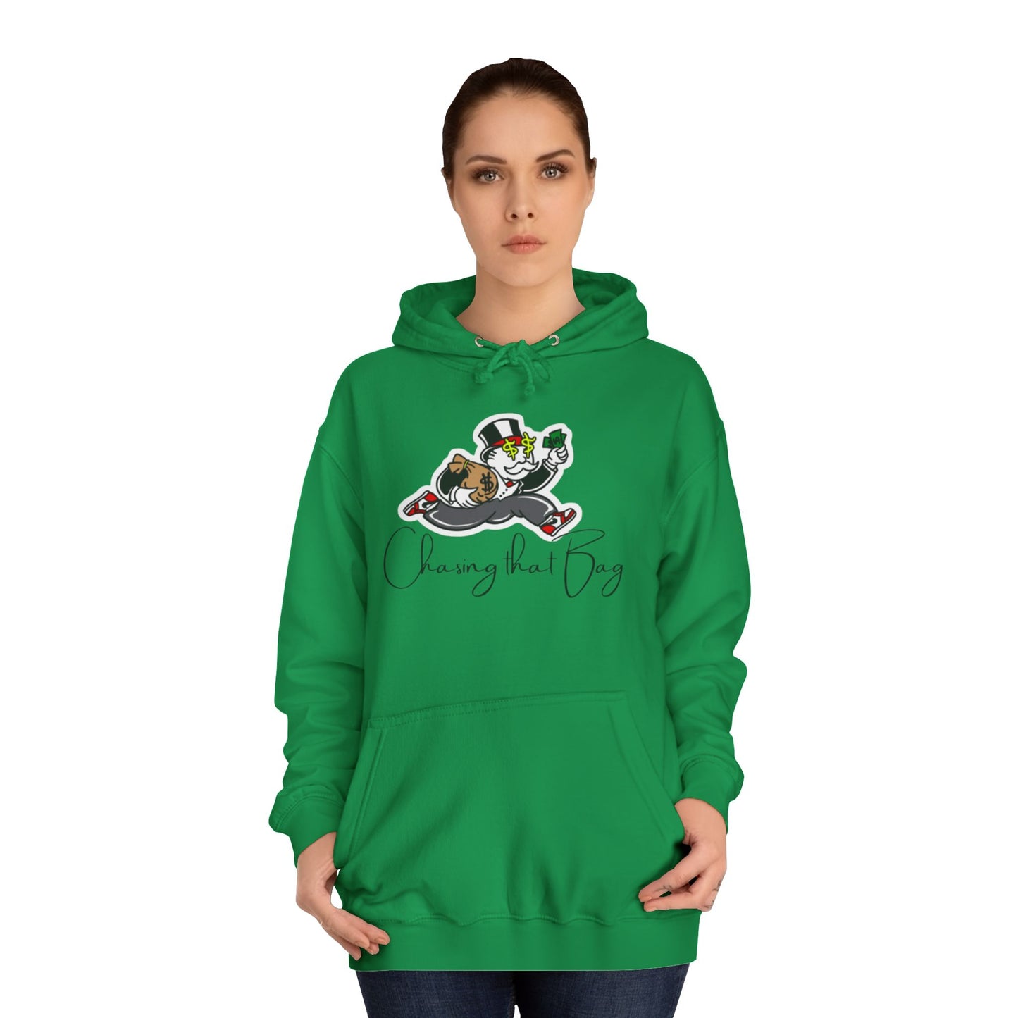 Money Green Men’s Hoodie – "Chasing the Bag" Hustle-Inspired Pullover with Drawstrings & Kangaroo Pocket