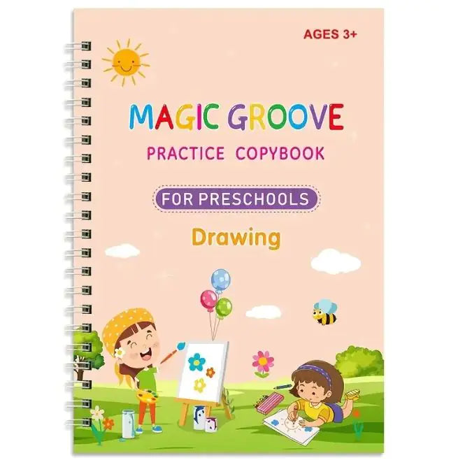 MAGIC GROOVE Reusable Grooved Handwriting Workbook for kids, learning Material, 6 Books-Early Elementary, Covers Math, Words, Drawing.