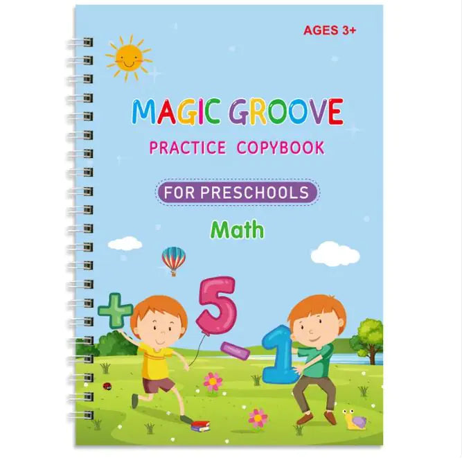 MAGIC GROOVE Reusable Grooved Handwriting Workbook for kids, learning Material, 6 Books-Early Elementary, Covers Math, Words, Drawing.