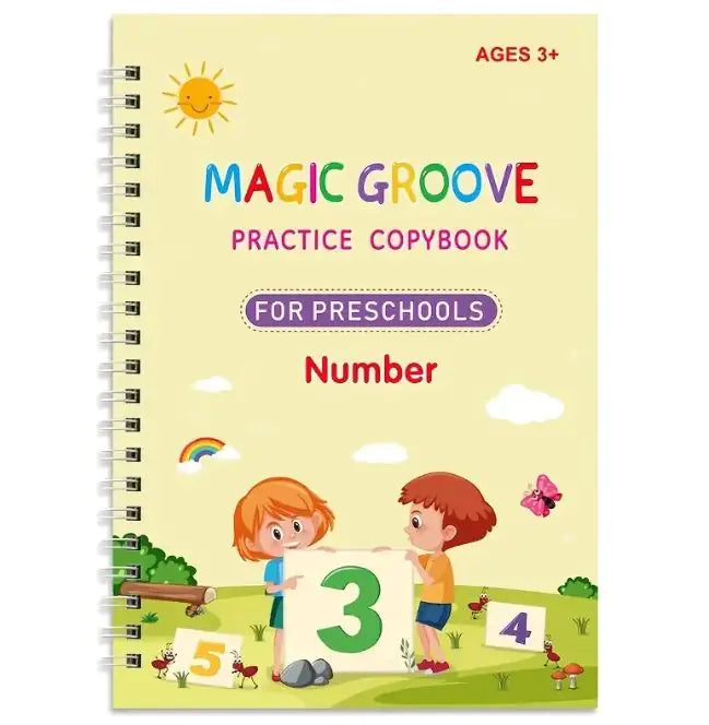 MAGIC GROOVE Reusable Grooved Handwriting Workbook for kids, learning Material, 6 Books-Early Elementary, Covers Math, Words, Drawing.