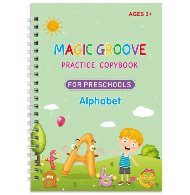 MAGIC GROOVE Reusable Grooved Handwriting Workbook for kids, learning Material, 6 Books-Early Elementary, Covers Math, Words, Drawing.