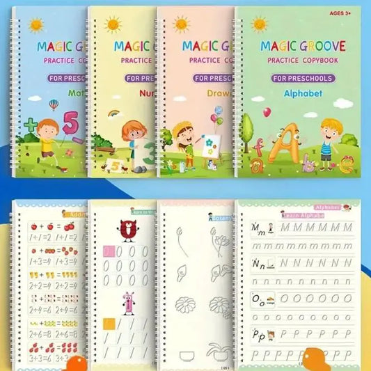 MAGIC GROOVE Reusable Grooved Handwriting Workbook for kids, learning Material, 6 Books-Early Elementary, Covers Math, Words, Drawing.