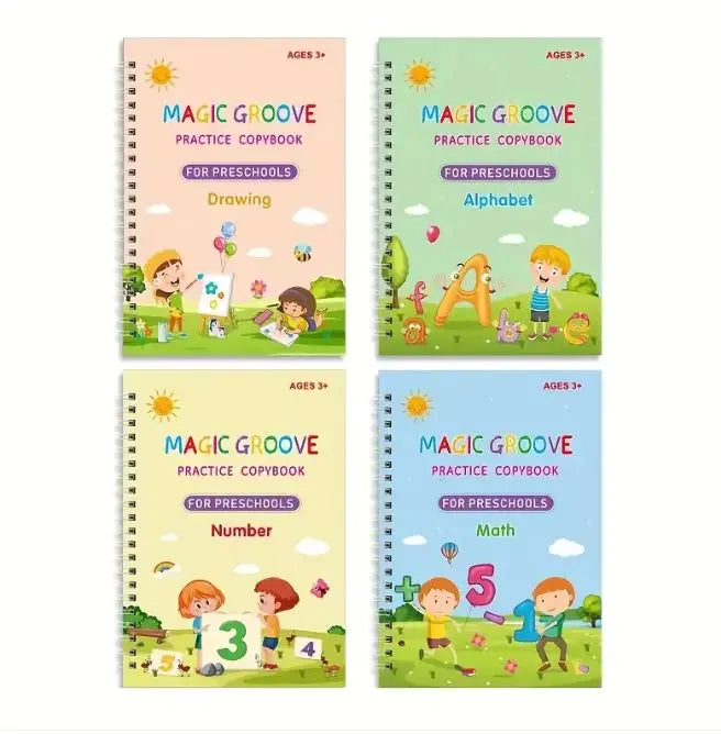 MAGIC GROOVE Reusable Grooved Handwriting Workbook for kids, learning Material, 6 Books-Early Elementary, Covers Math, Words, Drawing.